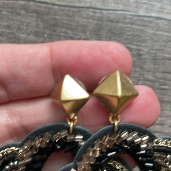 Stella & Dot Silver Gold Bead Black Dove Leather Lightweight Statement Earrings - Picture 6 of 6